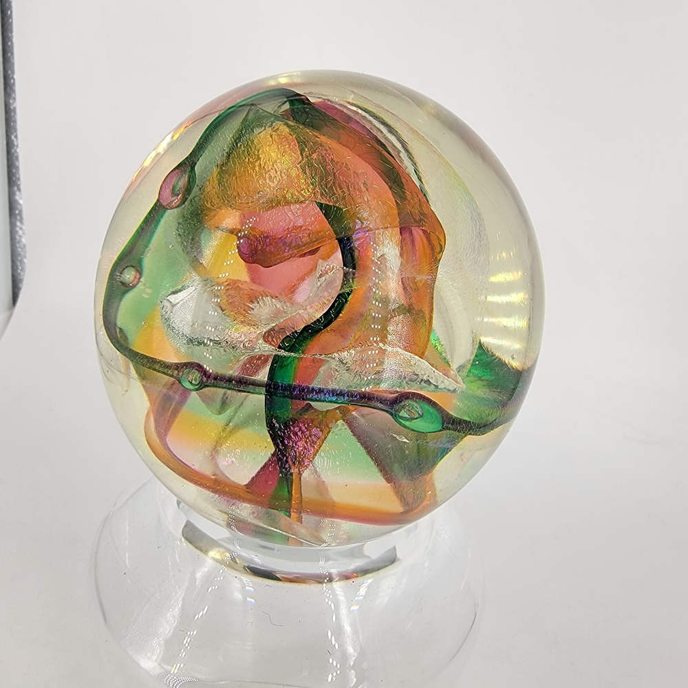 Vtg Robert W. Stephan Dichroic‎ Glass Paperweight Metallic Ribbons Swirls Signed